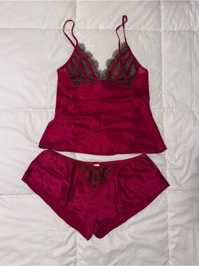 Victoria's Secret silk w/ Lace Cami & Shorts Set - red and brown. Small + medium